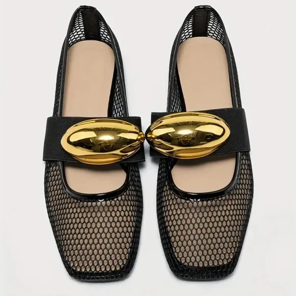 New Fishnet Mesh Ballet Flats Gold Metallic Buckle NWT Black Slip On Square Toe - Picture 4 of 9